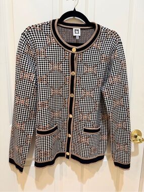 Anne Klein Black Cream Patterned Cardigan with Gold Buttons